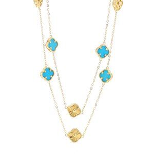 Yellow Gold Turquoise Quatrefoil Flower Station Necklace 46" - 18k Cable Chain